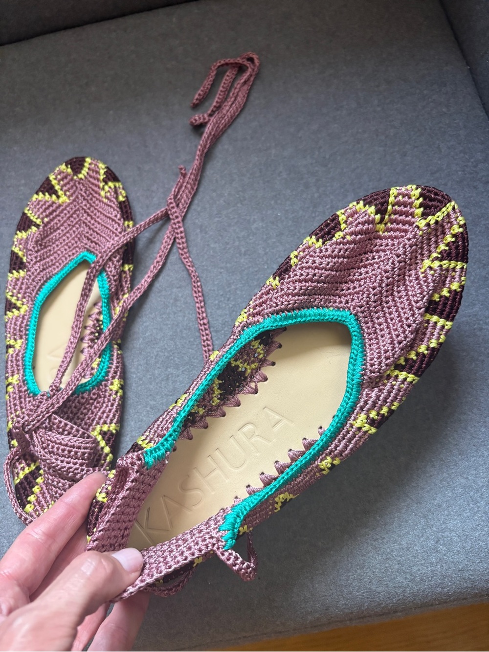 Italian Shoemakers Mauve Crochet Flats with Teal and Yellow Accents